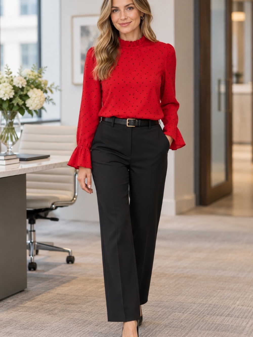 Molly Bracken blouse/top XS polkadot flutter cuffs boxy frill neckline office